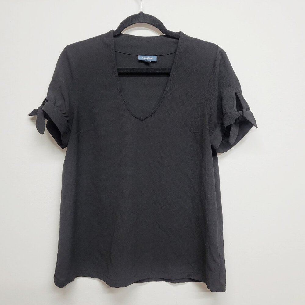 Modcloth Black Textured V-Neck Tie Short Sleeve Blouse Top L